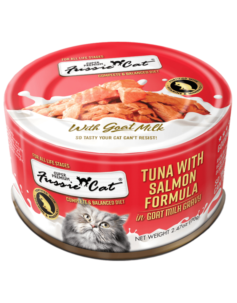 Fussie cat tuna with salmon formula in goat milk gravy wet canned cat food 2.47oz