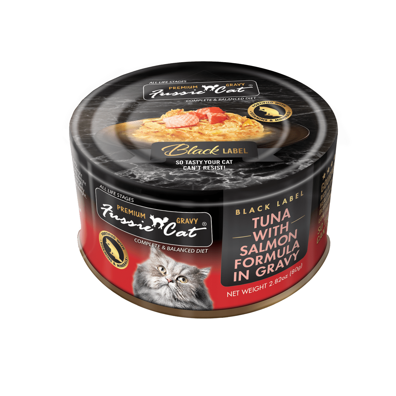 Fussie cats black label tuna with wild salmon formula in gravy