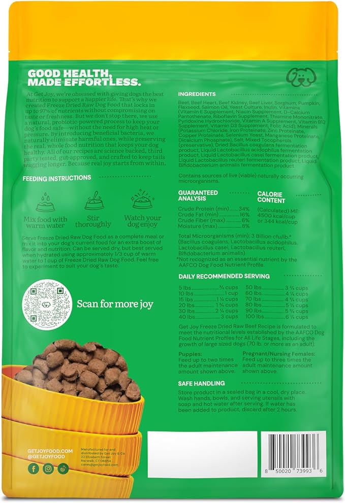 Get Joy Beef Recipe Human - Grade All Life Stages Freeze - Dried Raw Dog Food, 16 - oz bag