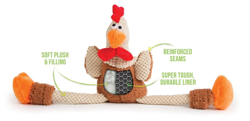 goDog Checkers Skinny Rooster Squeaky Plush Dog Toy, Chew Guard Technology - Brown, Large - 743723708807