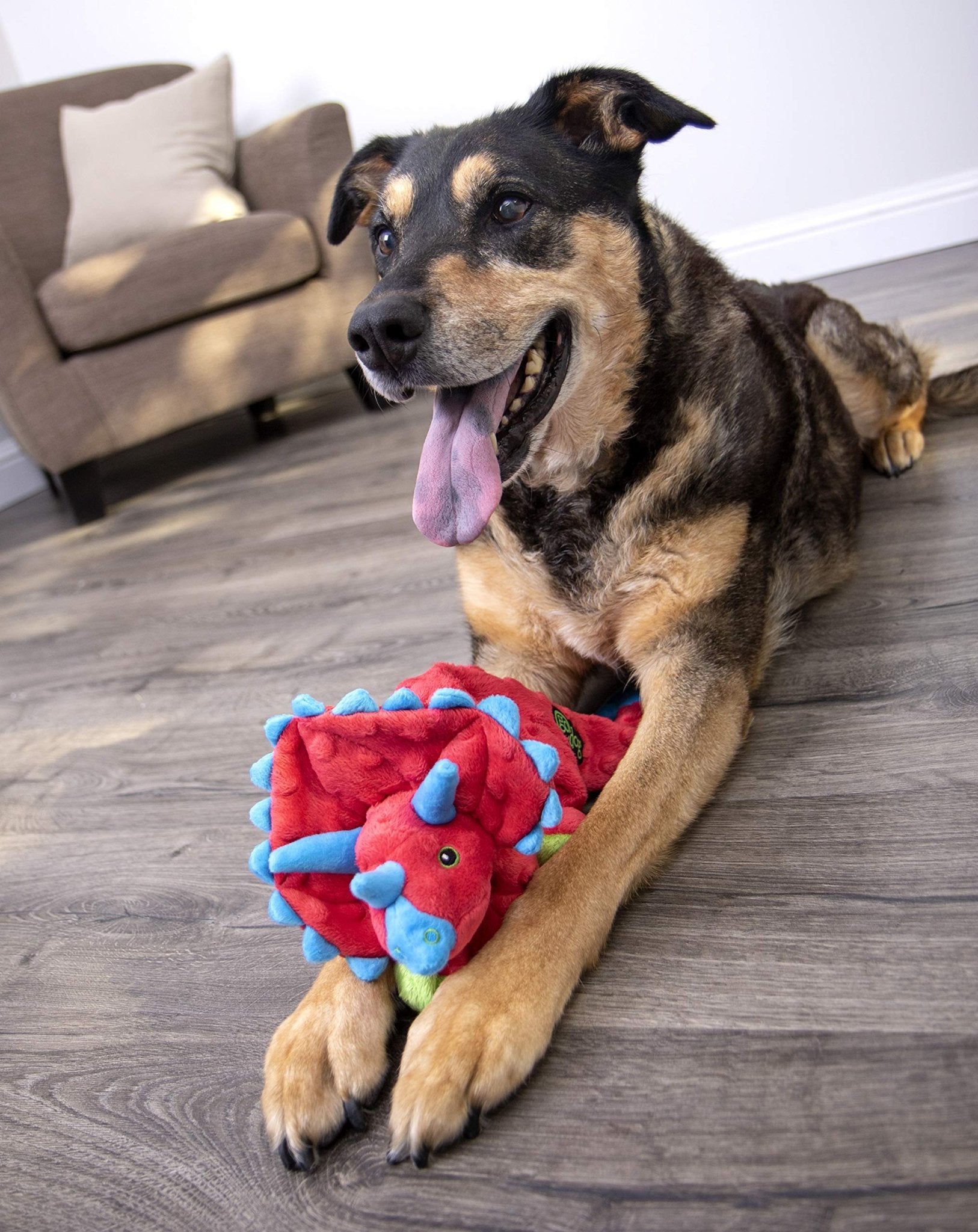 goDog Dinos Frills Squeaky Plush Dog Toy - Chew Guard Technology - Red - Large