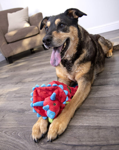 goDog Dinos Frills Squeaky Plush Dog Toy - Chew Guard Technology - Red - Large