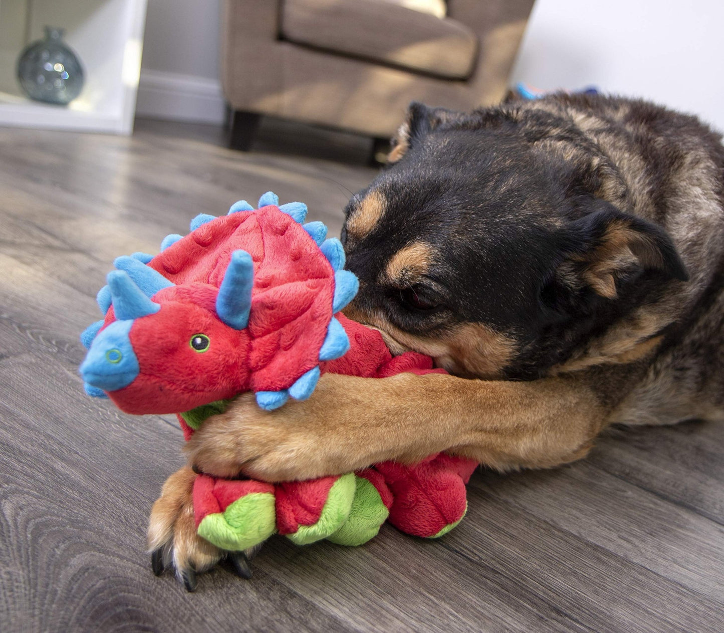 goDog Dinos Frills Squeaky Plush Dog Toy - Chew Guard Technology - Red - Large
