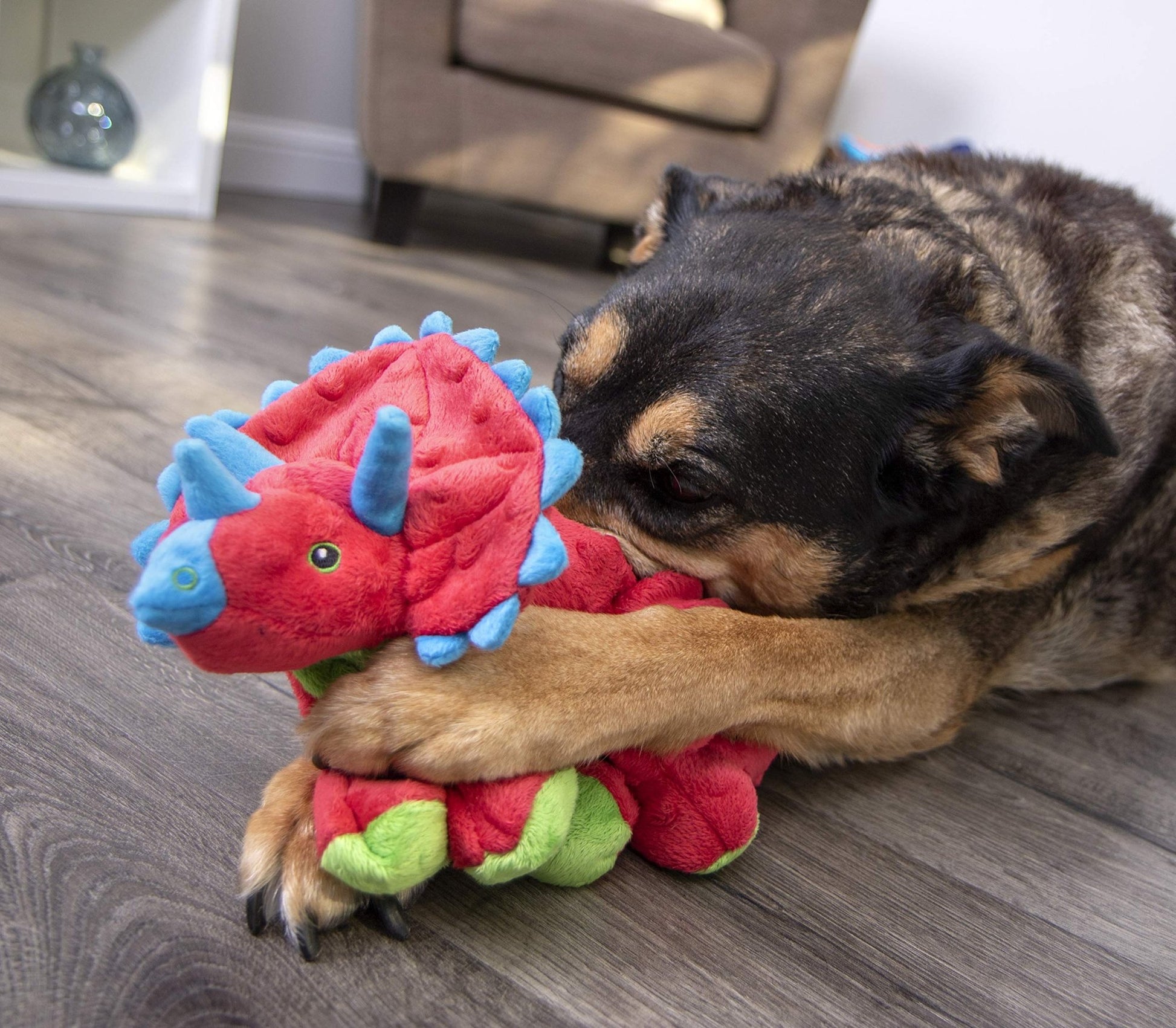 goDog Dinos Frills Squeaky Plush Dog Toy - Chew Guard Technology - Red - Large