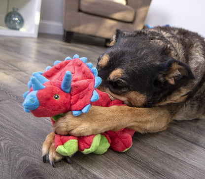 goDog Dinos Frills Squeaky Plush Dog Toy - Chew Guard Technology - Red - Large