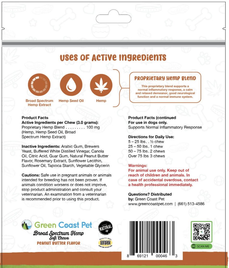 Green coast pet broad spectrum hemp soft chews 3mg 30ct 90mg cbd peanut butter