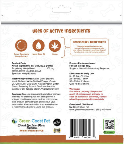 Green coast pet broad spectrum hemp soft chews 3mg 30ct 90mg cbd peanut butter
