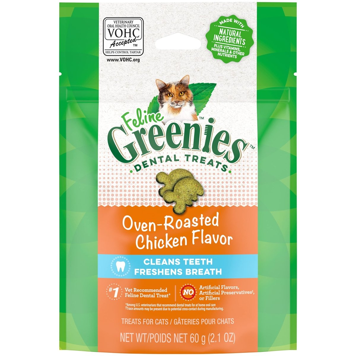 Greenies Feline Adult Natural Dental Care Cat Treats - Oven Roasted Chicken - 2.1oz Pouch - cat treat - 642863111303