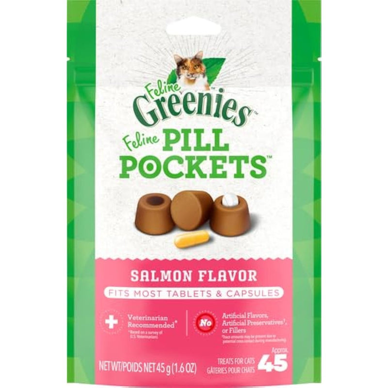 Greenies Feline Pill Pockets for Cats Natural Soft Cat Treats, Salmon Flavor, 1.6 oz. Pack (45 Treats) - pill pocket - 642863021428