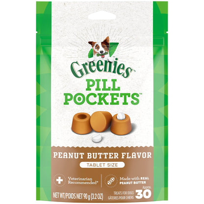 Greenies Pill Pockets For Dogs Tablet Size Natural Soft Dog Treats With Real Peanut Butter, 3.2 Oz. pack of 30