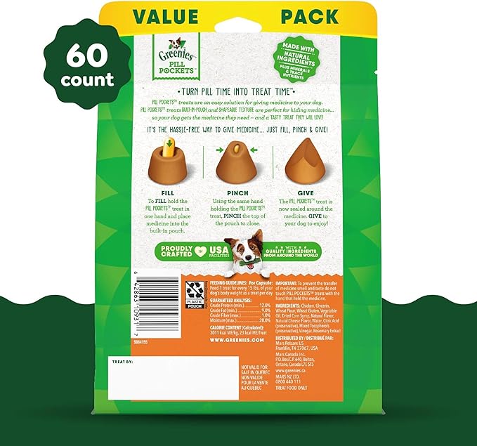 Greenies Pill Pockets Large Size Soft Dog Treats for Capsules, Cheese Flavor, Made With Natural Ingredients Plus Minerals & Trace Nutrients, 15.8 oz. (60 Count, Pack of 1)