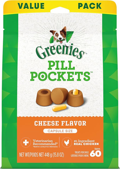 Greenies Pill Pockets Large Size Soft Dog Treats for Capsules, Cheese Flavor, Made With Natural Ingredients Plus Minerals & Trace Nutrients, 15.8 oz. (60 Count, Pack of 1)