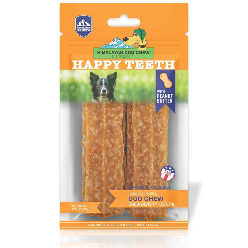 Happy Teeth Natural Cheese Dog Chews | Peanut Butter Flavor | Dental Chew | Protein Rich | Gluten Free - Lactose Free - Wheat Free - Soy Free | 2 Happy Teeth Chews per Resealable Pouch - dental dog treats - 857164007471