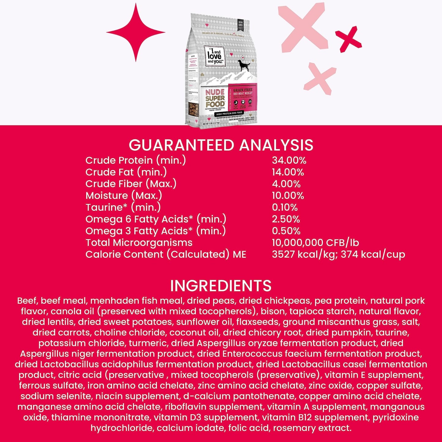 I and love and you Nude Super Food Dry Dog Food - Red Meat Medley - Prebiotic + Probiotic, Grain Free, Real Meat, No Fillers, 23lb Bag