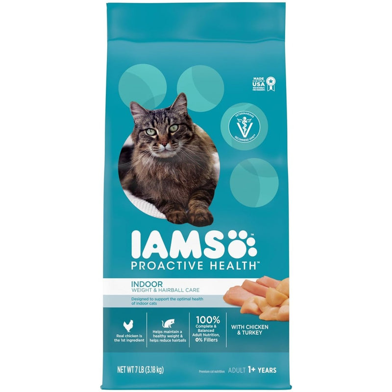 IAMS Proactive Health Indoor Weight & Hairball Care Adult Dry Cat Food with Chicken & Turkey, 7 lb. Bag - dry cat food - 019014712458