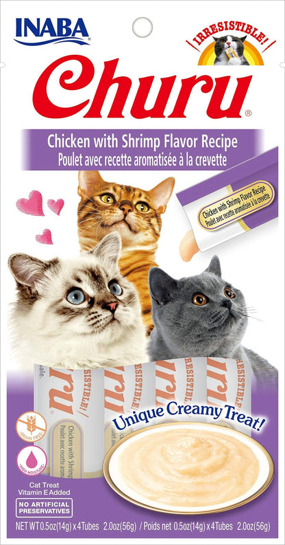 INABA Churu Lickable Purée Natural Cat Treats - Chicken with Shrimp Recipe | 4 Tubes