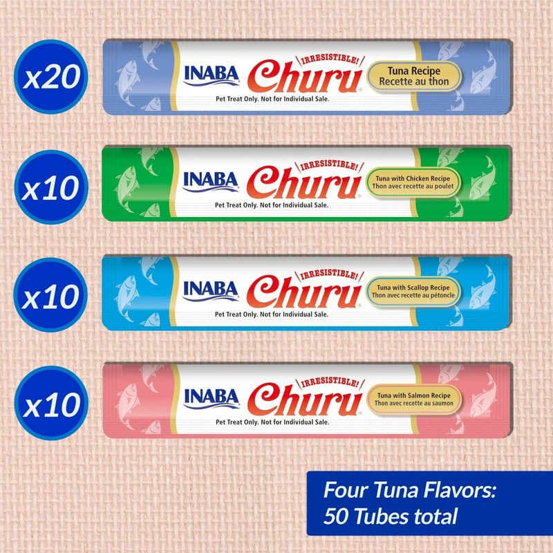 INABA Churu Tuna Lickable Creamy Purée Cat Treats - 4 Flavor Variety - 50 Tubes - lickable treat - 857276007642