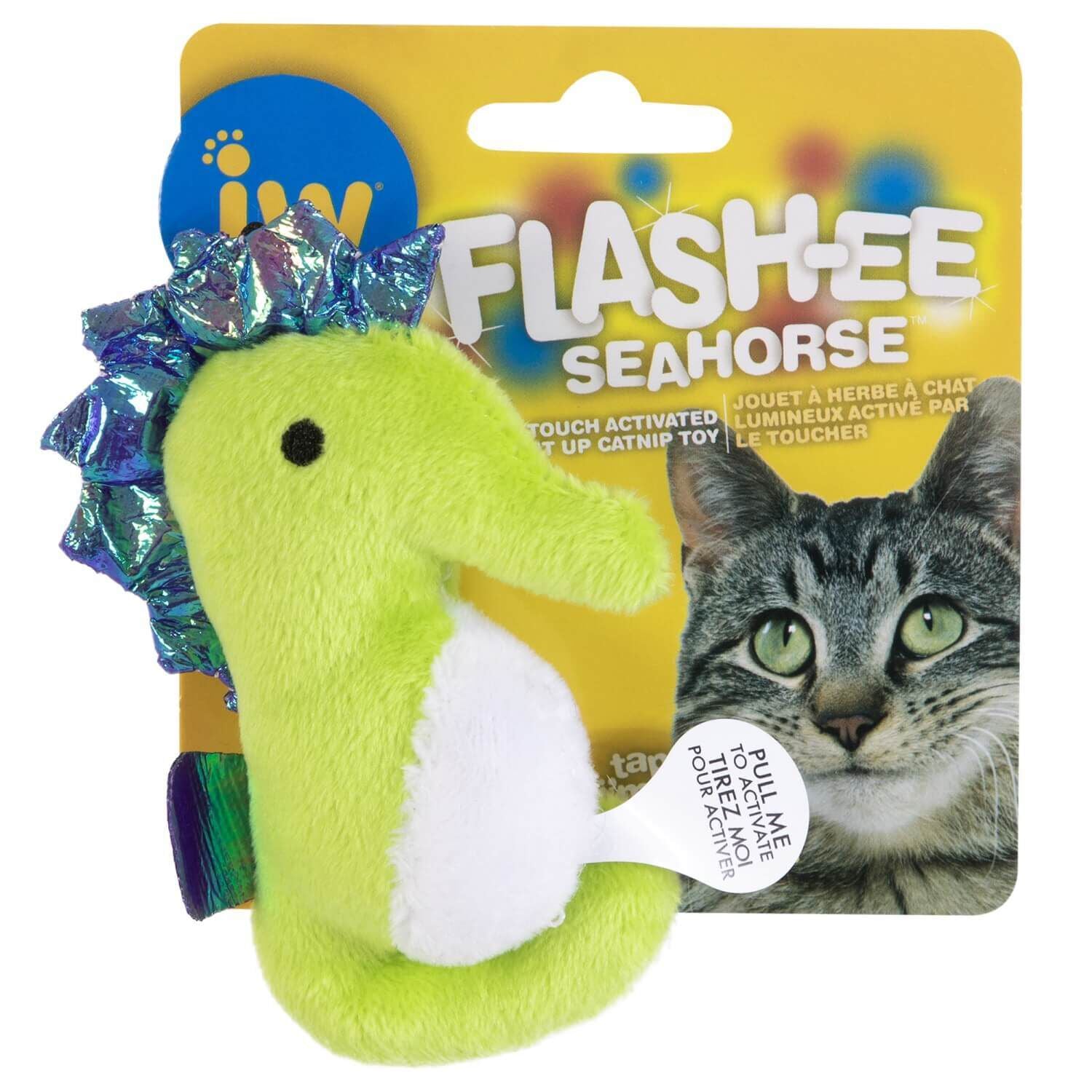 JW flashee seahorse cat toy touch activated multi colored cat toy