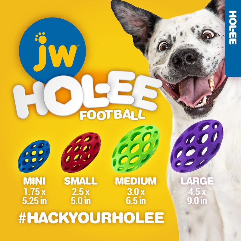 JW Pet Hol - ee Football Dog Toy Puzzle Ball, Natural Rubber, Small (5 Inch Length), Colors May Vary - 618940431183