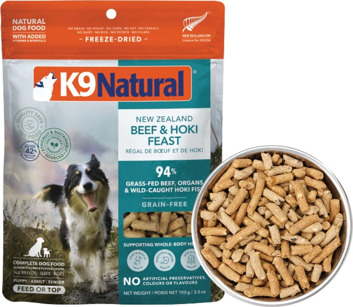K9 Natural New Zealand beef and hoki feast feed or top 3.5 oz freeze dried dog food