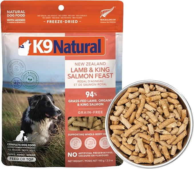 K9 Natural New Zealand lamb and king salmon feast feed or top 3.5 oz freeze dried dog food