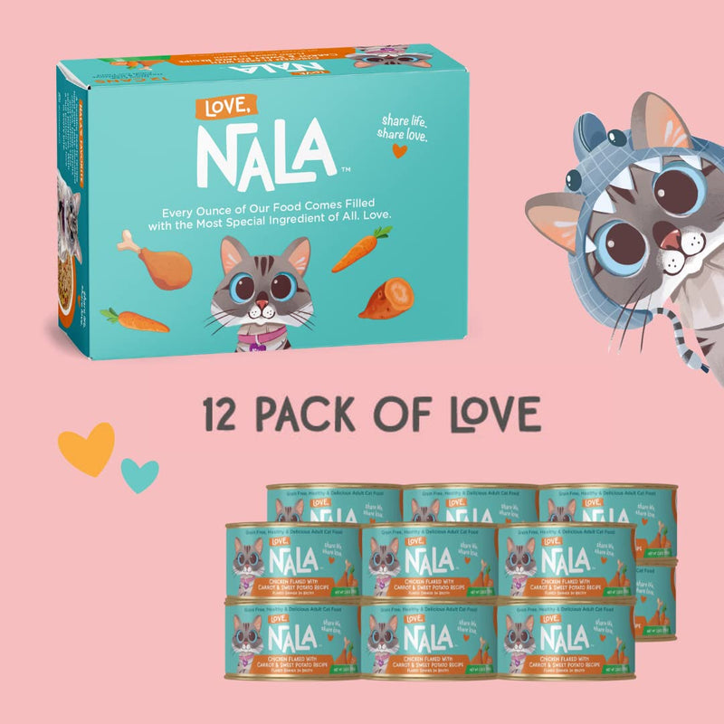 LOVE, NALA Natural Adult Cat Wet Food - FLAKED Chicken with Carrot & Sweet Potato in Broth - Grain Free - Added Minerals & Vitamins - 2.4 lbs - 12 Pack - cat food - 810113200279