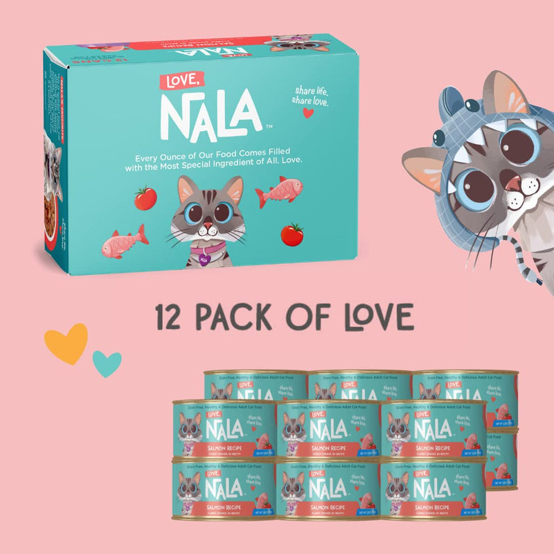 LOVE, NALA Natural Adult Cat Wet Food - FLAKED Salmon in Broth - Grain Free - Non - GMO - Lean Protein with Omega 3 - Digestive Fiber Blend - Added Minerals & Vitamins - 12 Pack - 2.4 lbs - cat food - 810113200286