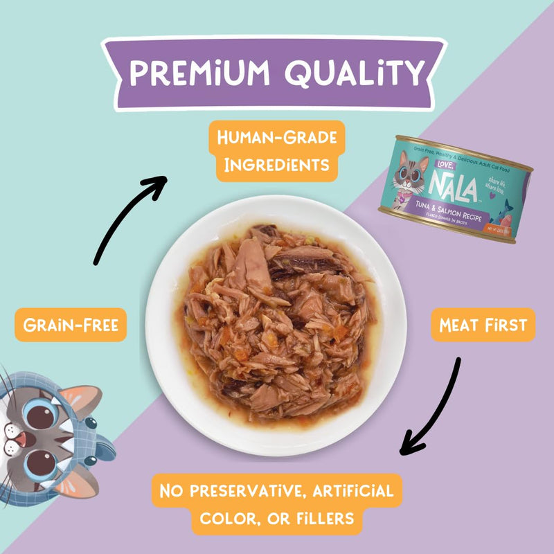 LOVE, NALA Natural Adult Cat Wet Food - FLAKED Tuna and Salmon in Broth - Grain Free - Non - GMO - Lean Protein - Omega 3 - Digestive Fiber Blend - Added Minerals & Vitamins - cat food - 810113200316