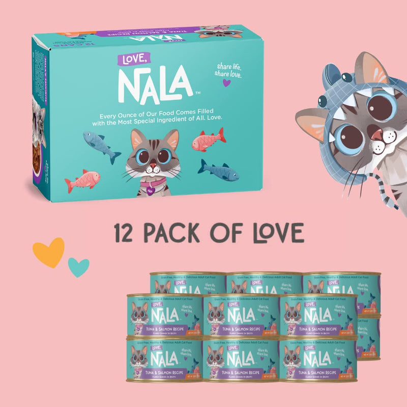 LOVE, NALA Natural Adult Cat Wet Food - FLAKED Tuna and Salmon in Broth - Grain Free - Non - GMO - Lean Protein - Omega 3 - Digestive Fiber Blend - Added Minerals & Vitamins - cat food - 810113200316