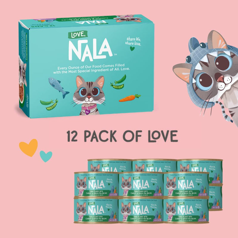 LOVE, NALA Natural Adult Cat Wet Food - FLAKED Tuna with Carrot & Green Pea in Broth - Grain Free - Added Minerals & Vitamins - 2.4 lbs - 12 Pack - cat food - 810113200262