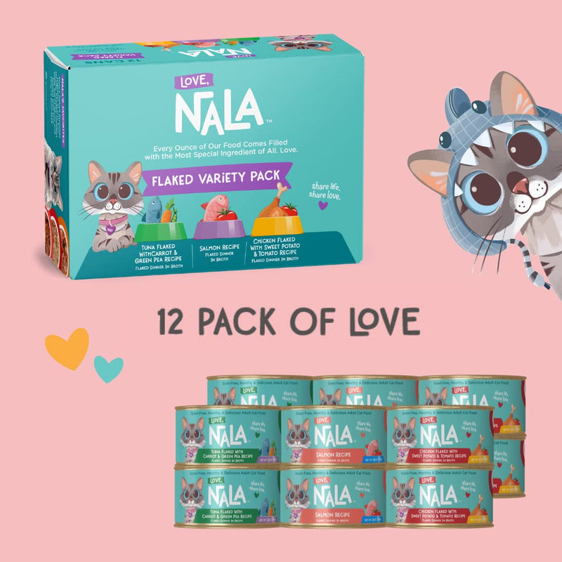 LOVE, NALA Natural Adult Cat Wet Food - FLAKED Variety Pack - Salmon, Tuna - Chicken - Grain Free - Added Minerals & Vitamins - cat food - 810113200330