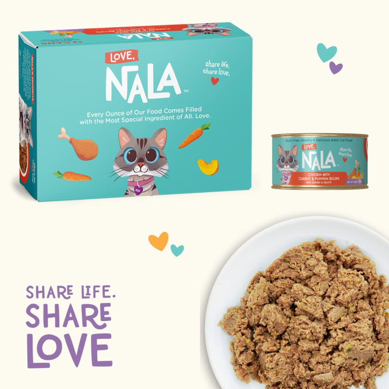 LOVE, NALA Natural Adult Cat Wet Food - Pate Chicken with Carrot & Pumpkin Recipe - Grain Free - Added Minerals & Vitamins - 12 Pack - 2.4 lbs - cat food - 810113200224