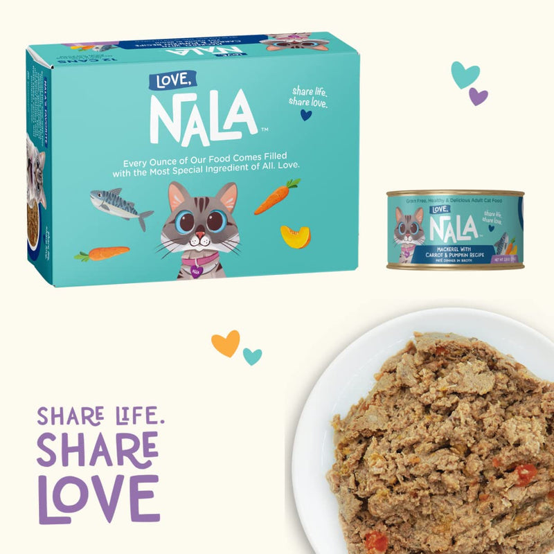 LOVE, NALA Natural Adult Cat Wet Food - Pate Mackerel with Carrot & Pumpkin Recipe - Grain Free - Added Minerals & Vitamins - 12 Pack - 2.4 lbs - cat food - 810113200248