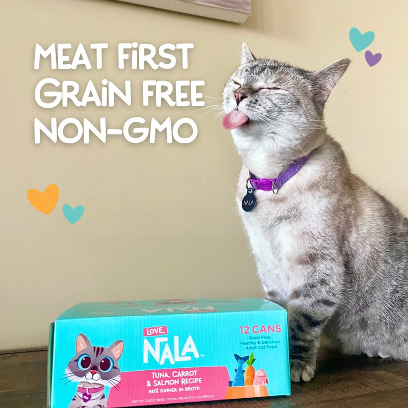 LOVE, NALA - Natural Adult Cat Wet Food - Pate Tuna, Carrot, & Salmon Recipe - Grain Free - Non - GMO - Digestive Fiber Blend - Minerals - Vitamins - 12 Pack - 2.4 lbs - cat food - 810113200255