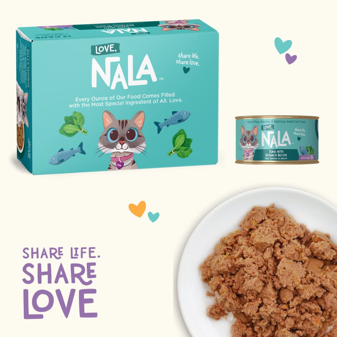 LOVE, NALA Natural Adult Cat Wet Food - Pate Tuna with Spinach Recipe - Grain Free - Added Minerals & Vitamins - 12 Pack - 2.4 lbs - cat food - 810113200231