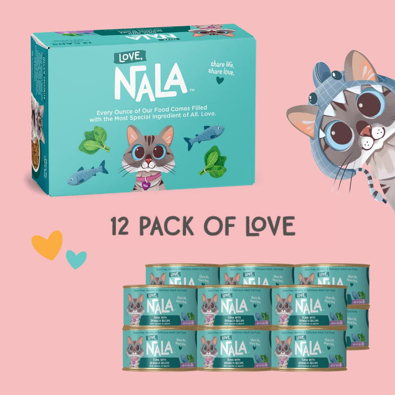 LOVE, NALA Natural Adult Cat Wet Food - Pate Tuna with Spinach Recipe - Grain Free - Added Minerals & Vitamins - 12 Pack - 2.4 lbs - cat food - 810113200231