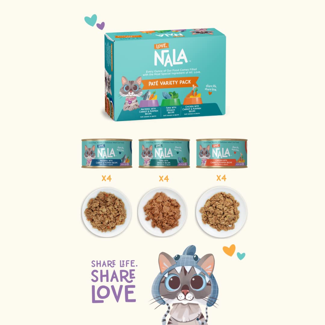 Love, Nala Natural Adult Cat Wet Food - Pâté Variety Pack (Tuna, Chicken, Mackerel) - 2.4 lbs