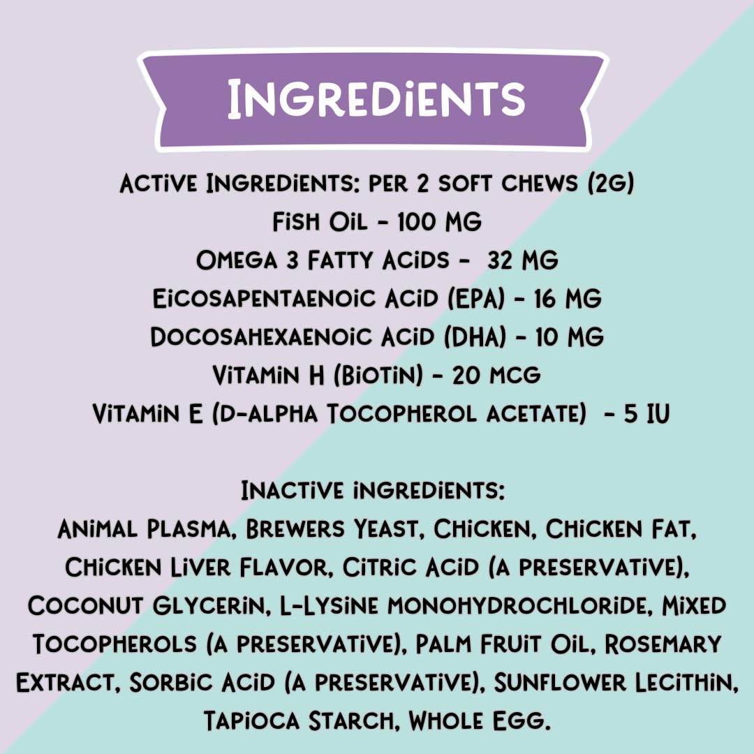 Love, Nala - Skin And Coat Supplement For Cats - 90 Tasty Soft Chews - Omega 3 Fish Oil, Biotin, Vitamin E Supports Skin & Fur Health - 3.2 Oz