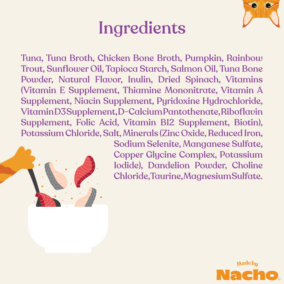 Made by nacho tuna & rainbow trout recipe with bone broth flaked canned cat food 3oz