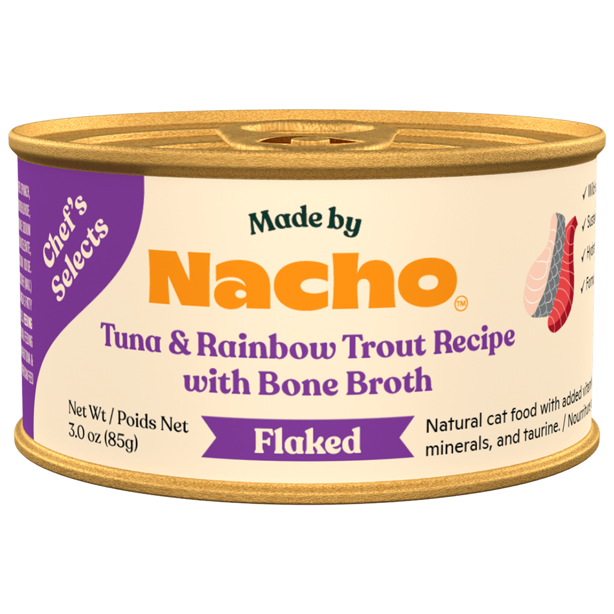 Made by nacho tuna & rainbow trout recipe with bone broth flaked canned cat food 3oz