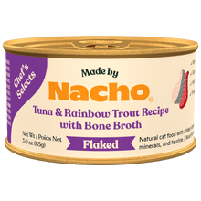 Made by nacho tuna & rainbow trout recipe with bone broth flaked canned cat food 3oz