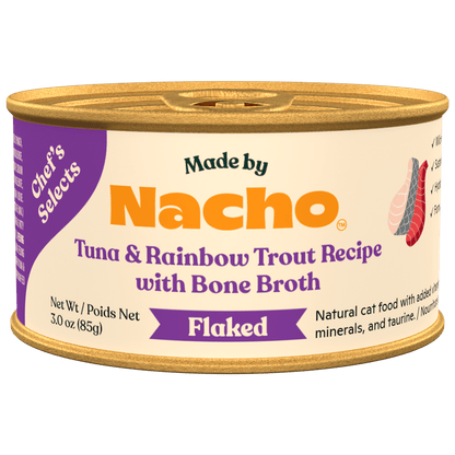 Made by nacho tuna & rainbow trout recipe with bone broth flaked canned cat food 3oz
