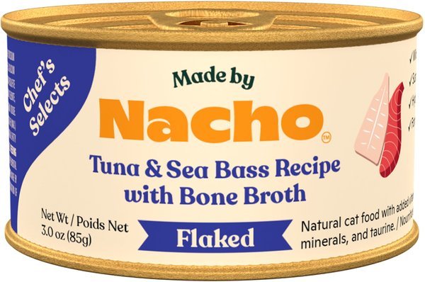 Made By Nacho Tuna Sea Bass Recipe Bone Broth Flaked 3oz Canned Cat Food