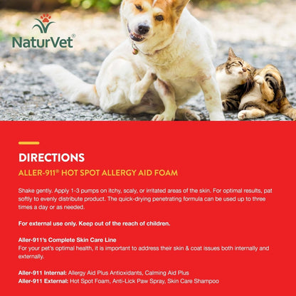 NaturVet Aller - 911 Hot Spot Allergy Aid Foam Pet Supplement Plus Aloe Vera – Helps to Relieve Irritated, Itchy Skin for Cats, Dogs – Helps Deter Gnawing, Chewing – Quick Drying – 8 Oz. - 797801048040