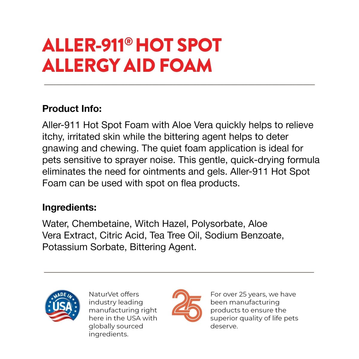 NaturVet Aller - 911 Hot Spot Allergy Aid Foam Pet Supplement Plus Aloe Vera – Helps to Relieve Irritated, Itchy Skin for Cats, Dogs – Helps Deter Gnawing, Chewing – Quick Drying – 8 Oz. - 797801048040