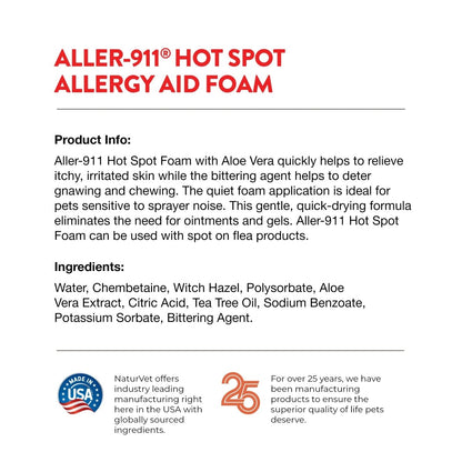 NaturVet Aller - 911 Hot Spot Allergy Aid Foam Pet Supplement Plus Aloe Vera – Helps to Relieve Irritated, Itchy Skin for Cats, Dogs – Helps Deter Gnawing, Chewing – Quick Drying – 8 Oz. - 797801048040