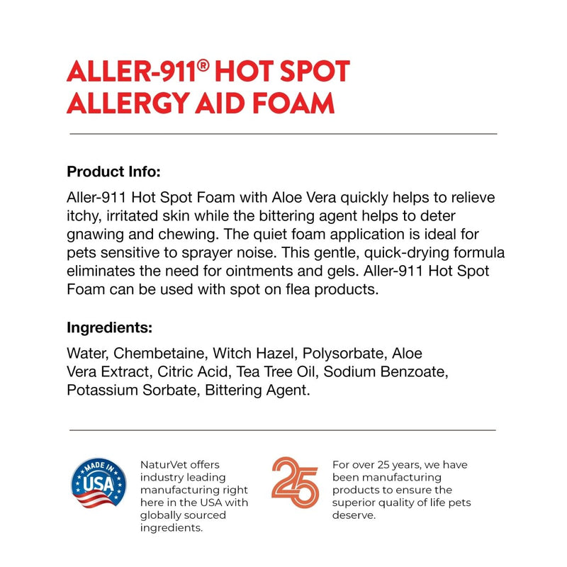 NaturVet Aller - 911 Hot Spot Allergy Aid Foam Pet Supplement Plus Aloe Vera – Helps to Relieve Irritated, Itchy Skin for Cats, Dogs – Helps Deter Gnawing, Chewing – Quick Drying – 8 Oz. - 797801048040