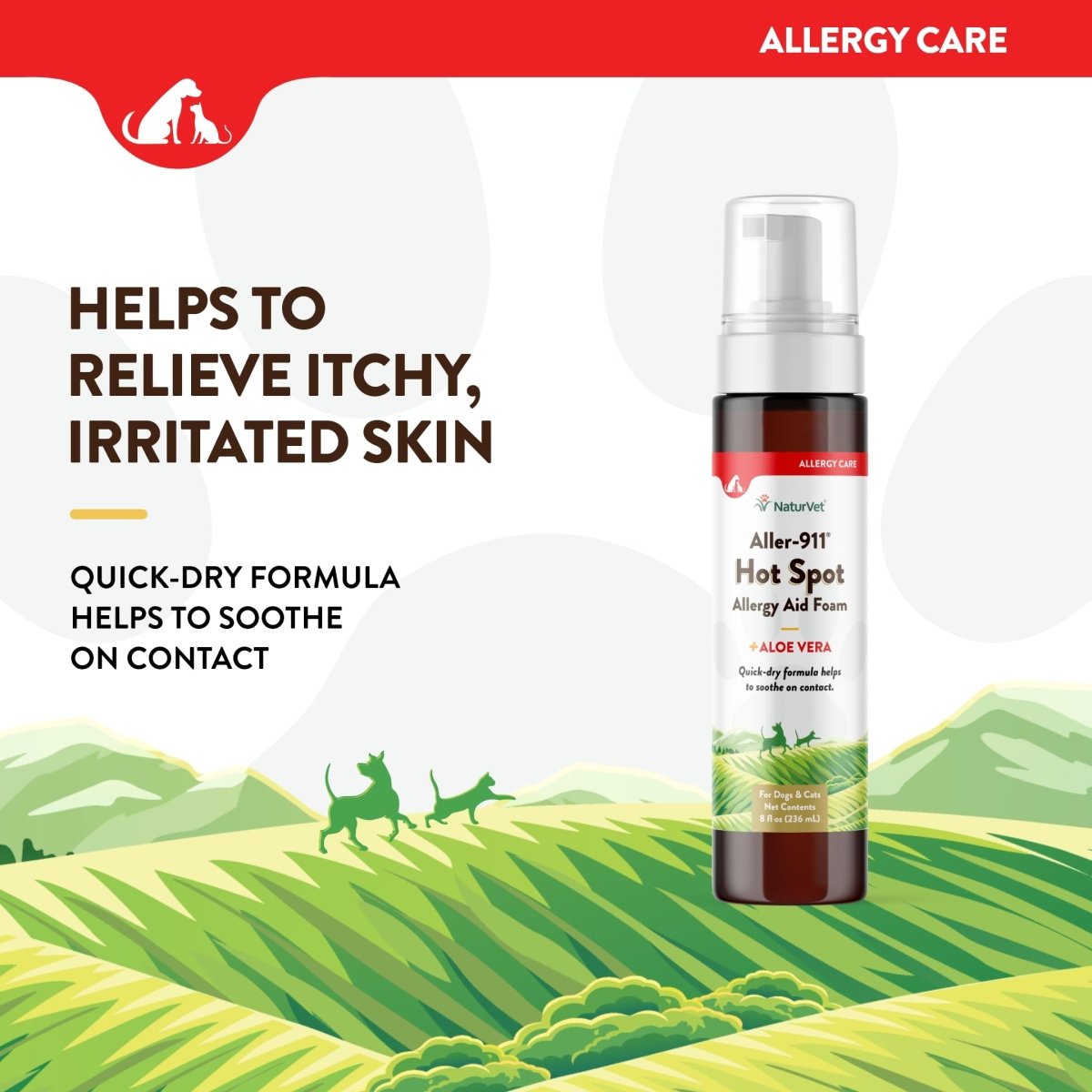 NaturVet Aller - 911 Hot Spot Allergy Aid Foam Pet Supplement Plus Aloe Vera – Helps to Relieve Irritated, Itchy Skin for Cats, Dogs – Helps Deter Gnawing, Chewing – Quick Drying – 8 Oz. - 797801048040