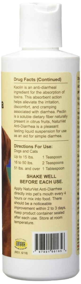 NaturVet Anti - Diarrhea Liquid Pet Supplement Plus Kaolin – Helps Alleviate Discomfort, Cramping, Irritation From Diarrhea for Dogs, Cats – Great Taste – 8 Oz. - 797801001656