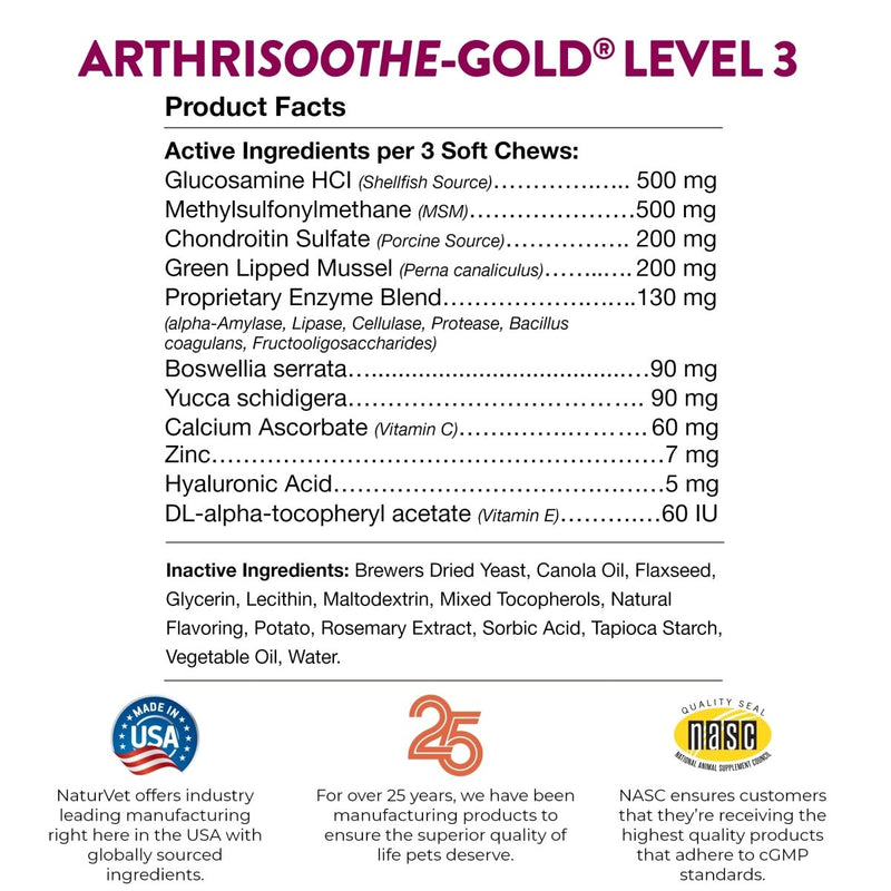 NaturVet ArthriSoothe - Gold Level 3 Advanced Joint Care for Dogs – Soft Chew Dog Supplement with Glucosamine - MSM - Chondroitin & Hyaluronic Acid – Wheat - Free Pet Supplements – 70 Ct. - dog supplement - 797801037259